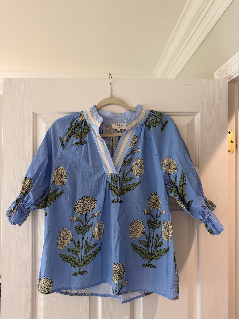 Umgee Light Blue Floral Tunic with Green Embroidery